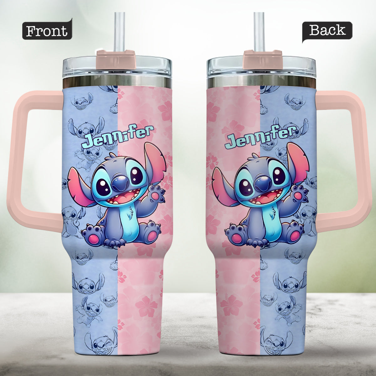 Personalized Pink and Blue Ohana Tumbler with Handle Custom Name Gift for Friends