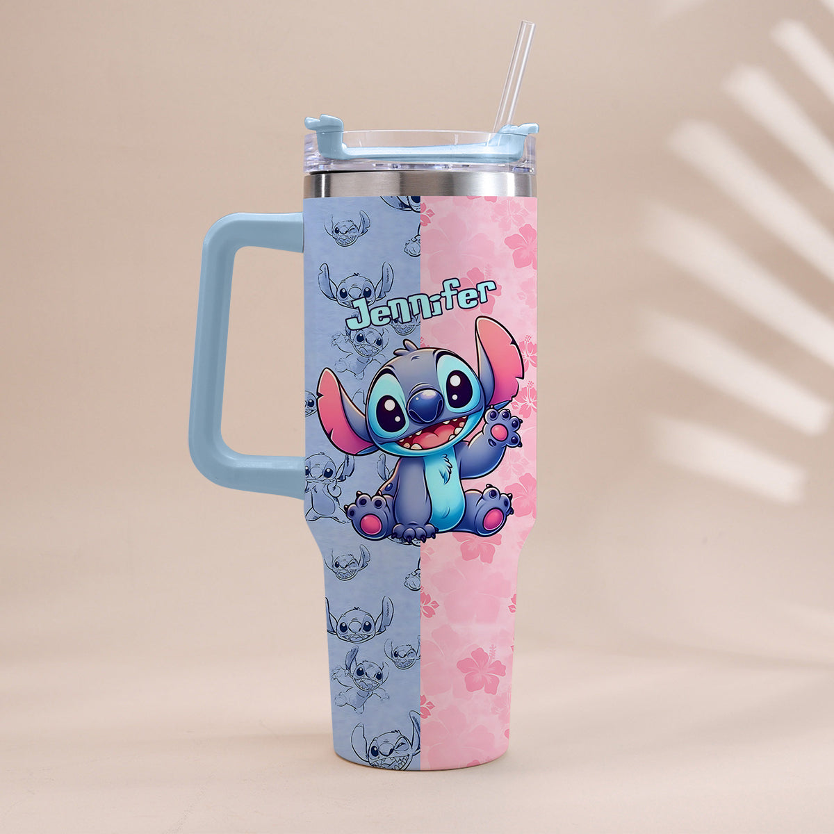 Personalized Pink and Blue Ohana Tumbler with Handle Custom Name Gift for Friends