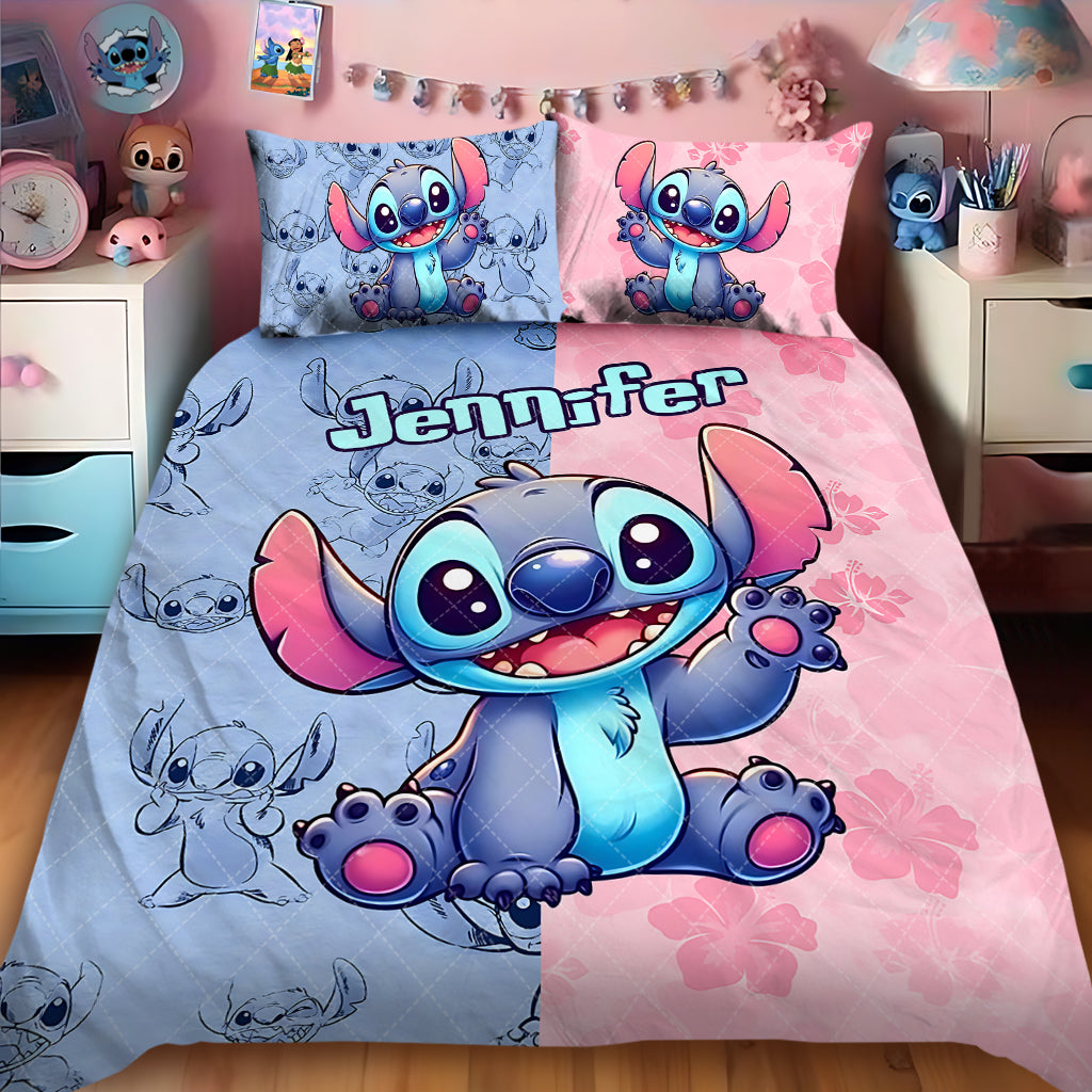Personalized Stitch Quilt Set with Custom Name for Kids - Pink and Blue