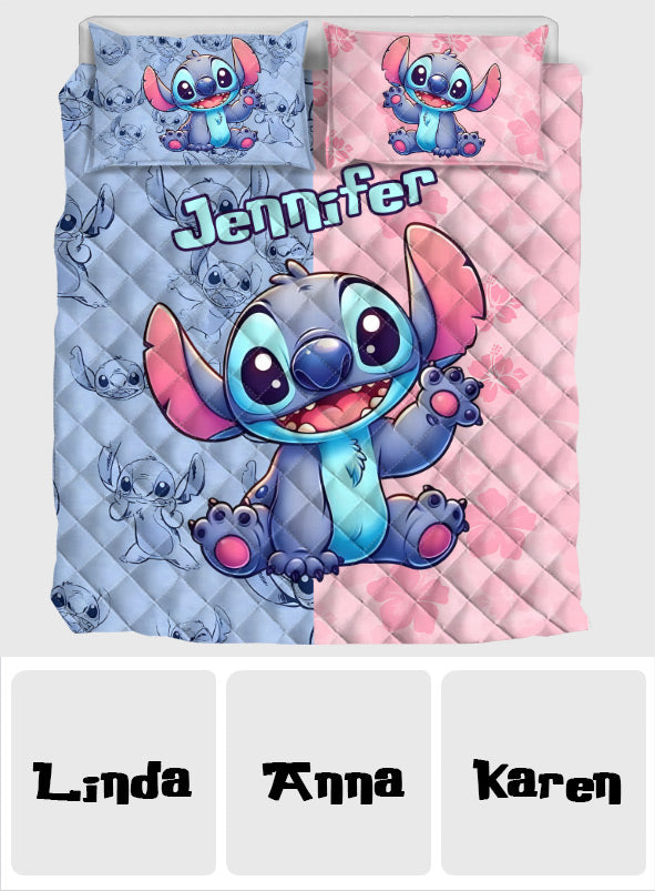 Personalized Stitch Quilt Set with Custom Name for Kids - Pink and Blue