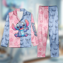 Load image into Gallery viewer, Personalized Satin Button Down Pajamas Set for Mom - Cute Stitch Design
