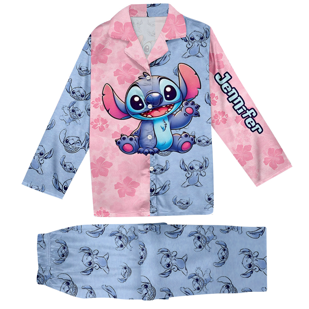 Personalized Satin Button Down Pajamas Set for Mom - Cute Stitch Design