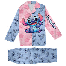 Load image into Gallery viewer, Personalized Satin Button Down Pajamas Set for Mom - Cute Stitch Design
