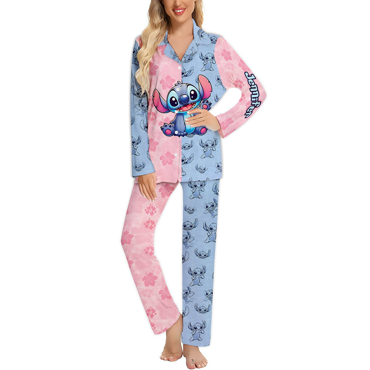 Personalized Satin Button Down Pajamas Set for Mom - Cute Stitch Design