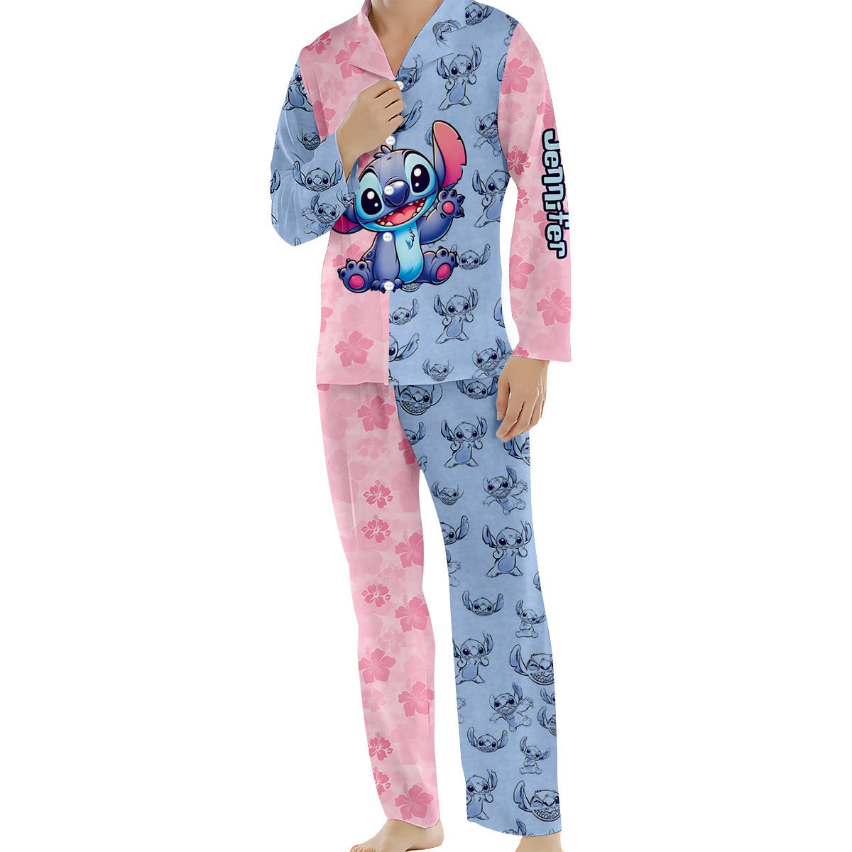 Personalized Satin Button Down Pajamas Set for Mom - Cute Stitch Design