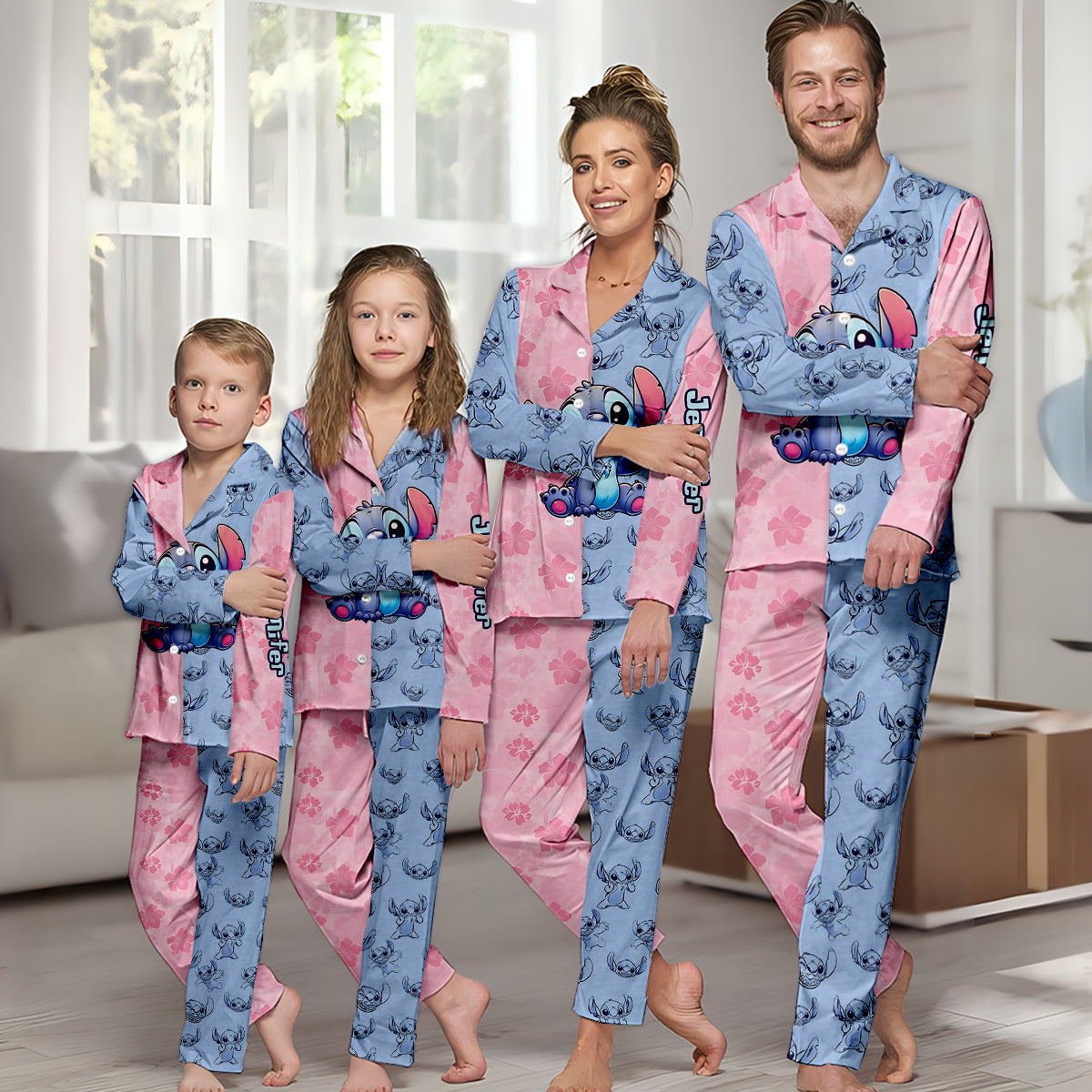 Personalized Satin Button Down Pajamas Set for Mom - Cute Stitch Design