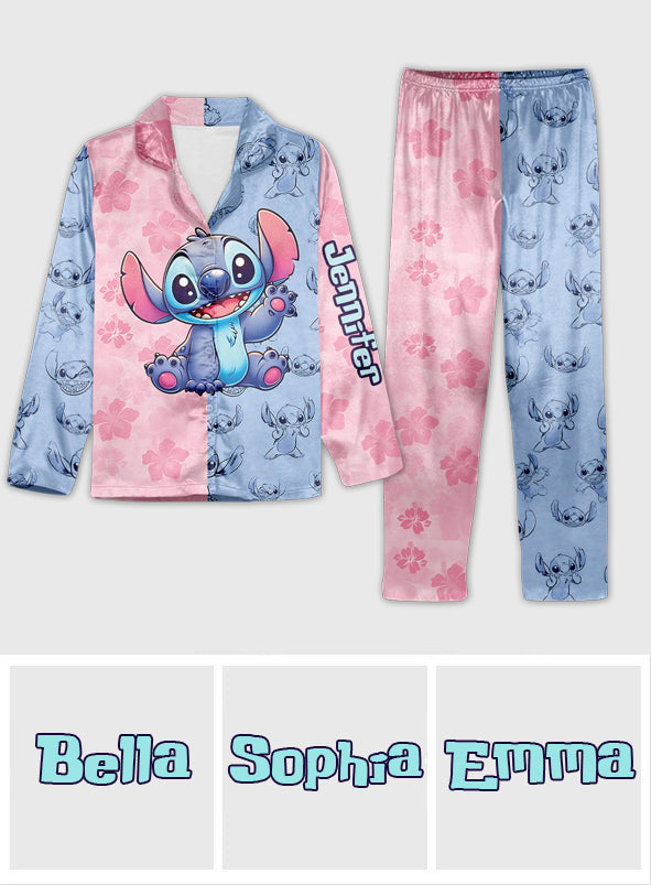 Personalized Satin Button Down Pajamas Set for Mom - Cute Stitch Design