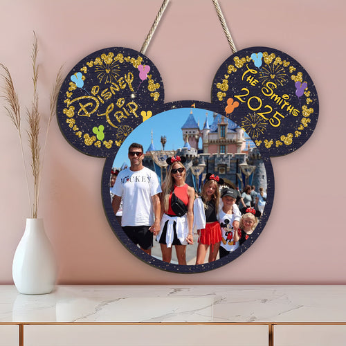 Custom Family Trip Mouse Shaped Wood Sign with Photo