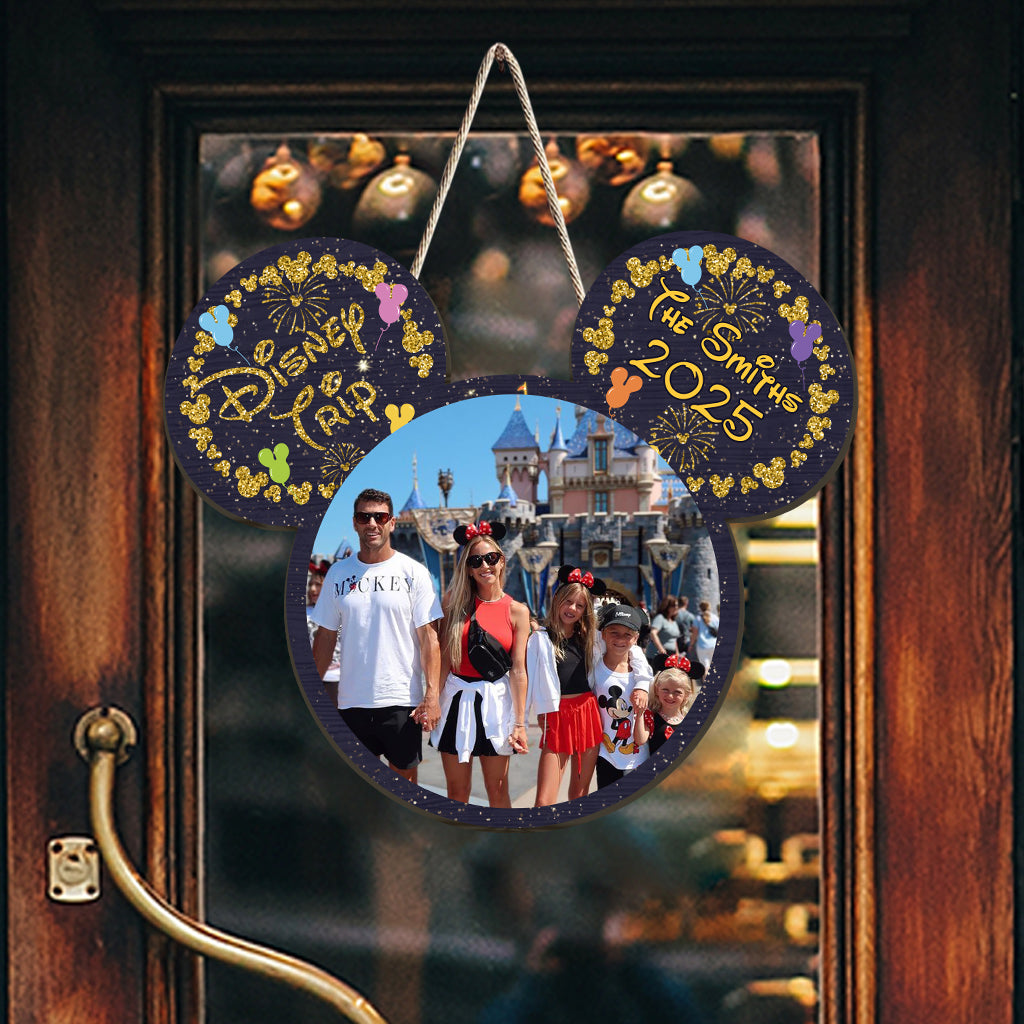 Custom Family Trip Mouse Shaped Wood Sign with Photo