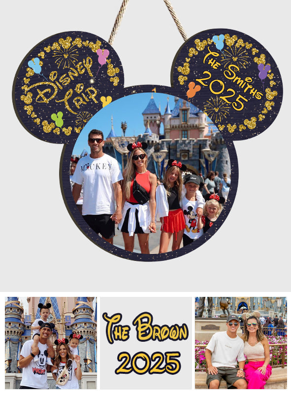 Custom Family Trip Mouse Shaped Wood Sign with Photo