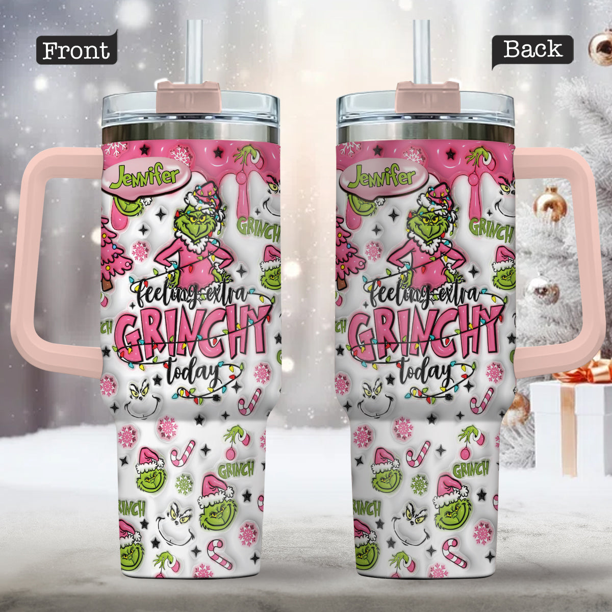 Personalized Grinch Christmas Tumbler with Handle for Holiday Fun