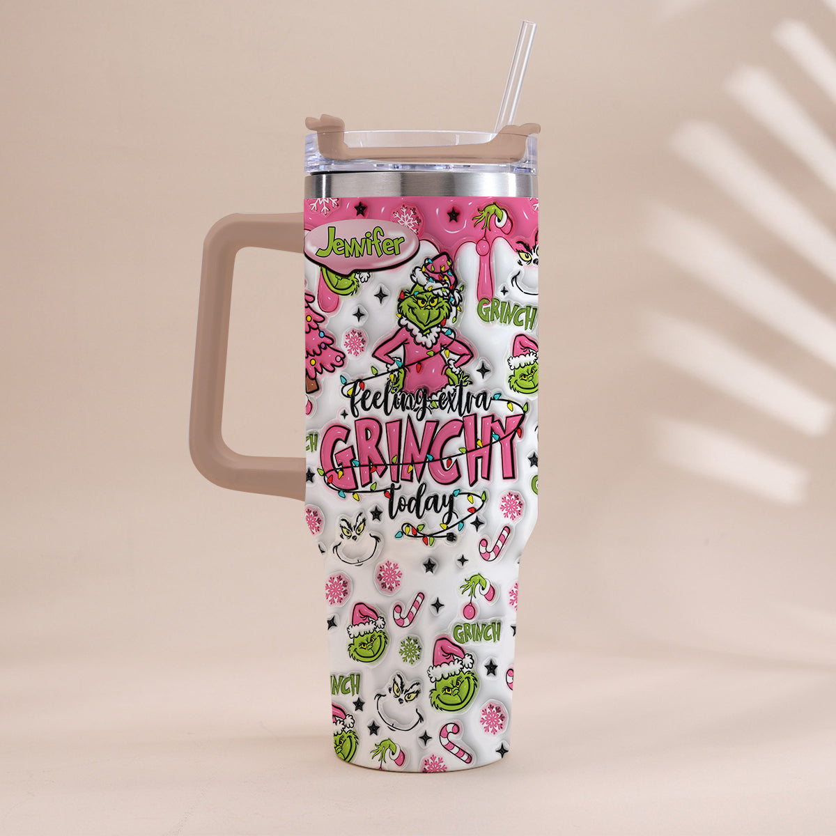 Personalized Grinch Christmas Tumbler with Handle for Holiday Fun