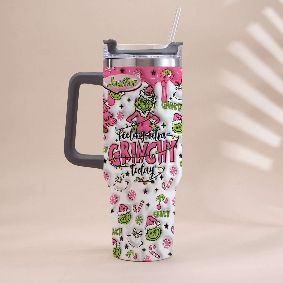 Personalized Grinch Christmas Tumbler with Handle for Holiday Fun