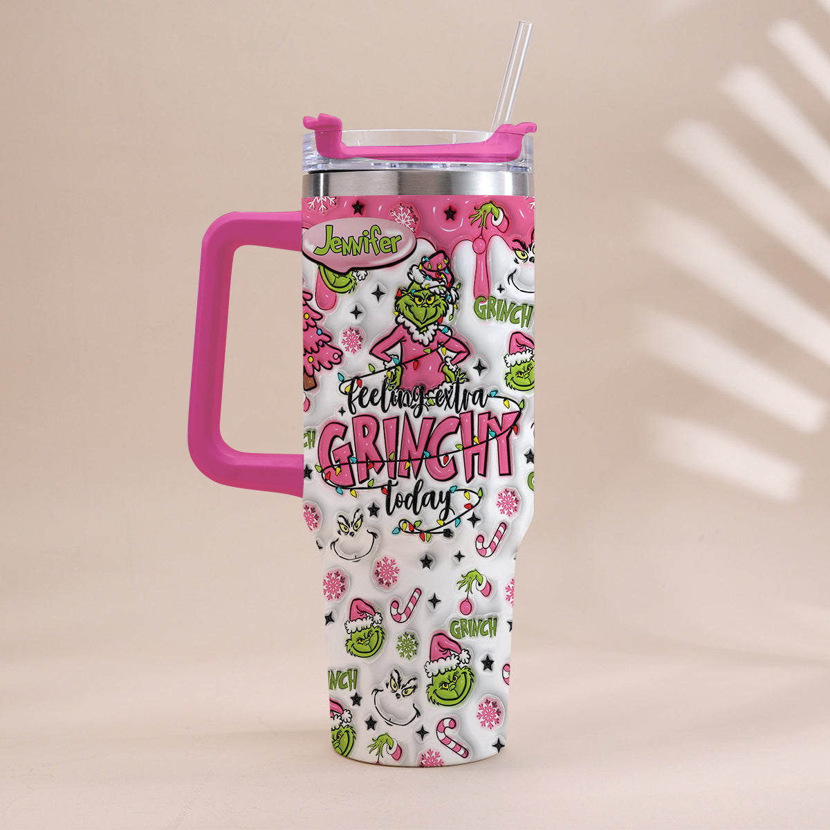 Personalized Grinch Christmas Tumbler with Handle for Holiday Fun