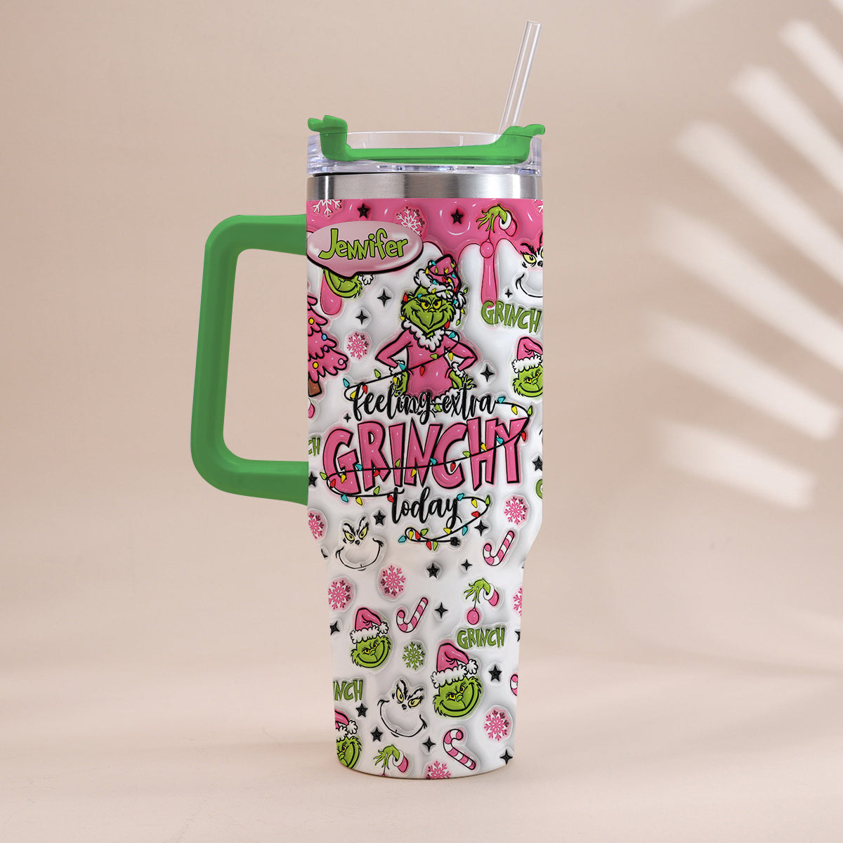 Personalized Grinch Christmas Tumbler with Handle for Holiday Fun