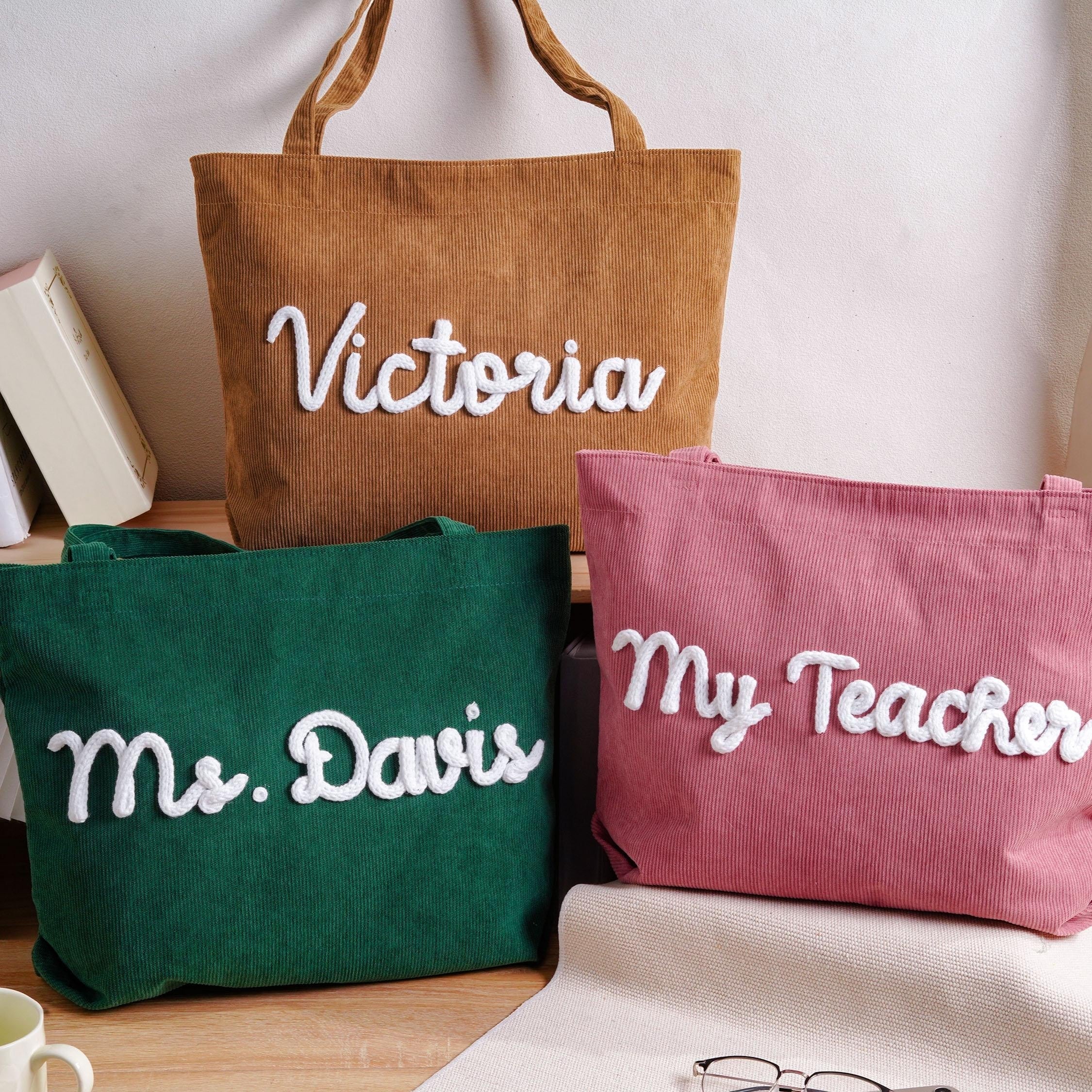 Personalized Corduroy Yarn Tote Bag Teacher Gift Custom Name
