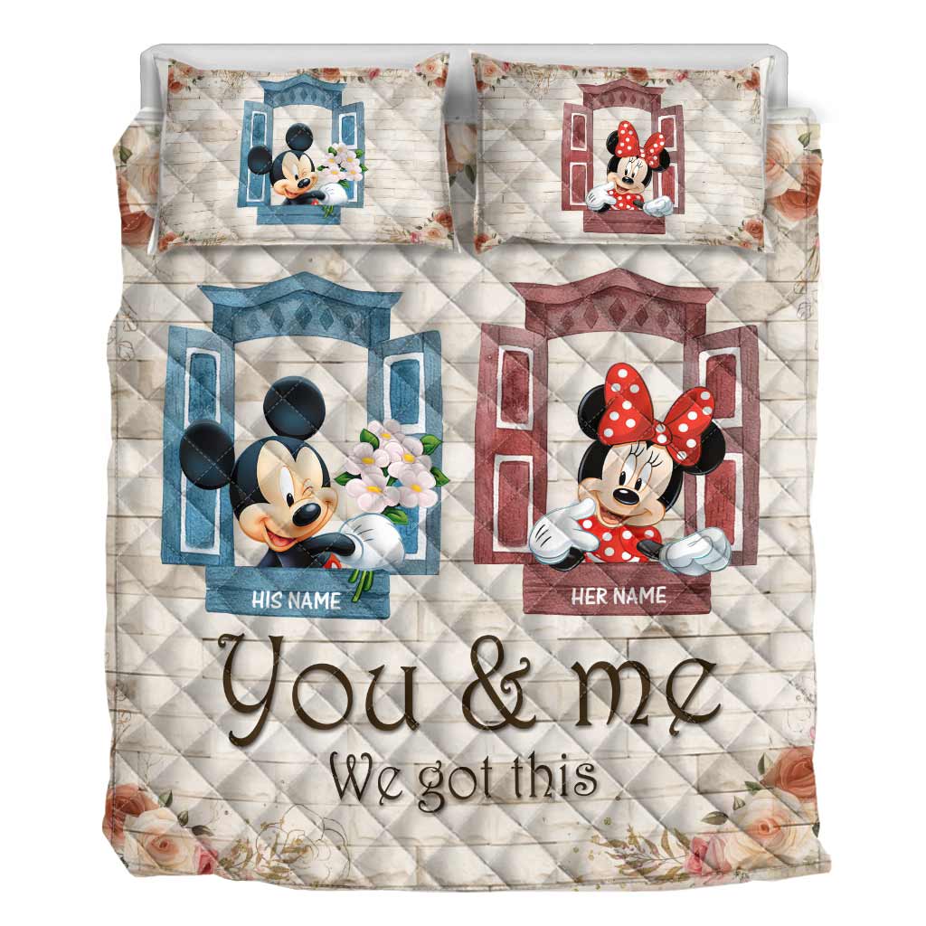 Personalized Mickey & Minnie Mouse Quilt Set Custom Names Gift for Couples