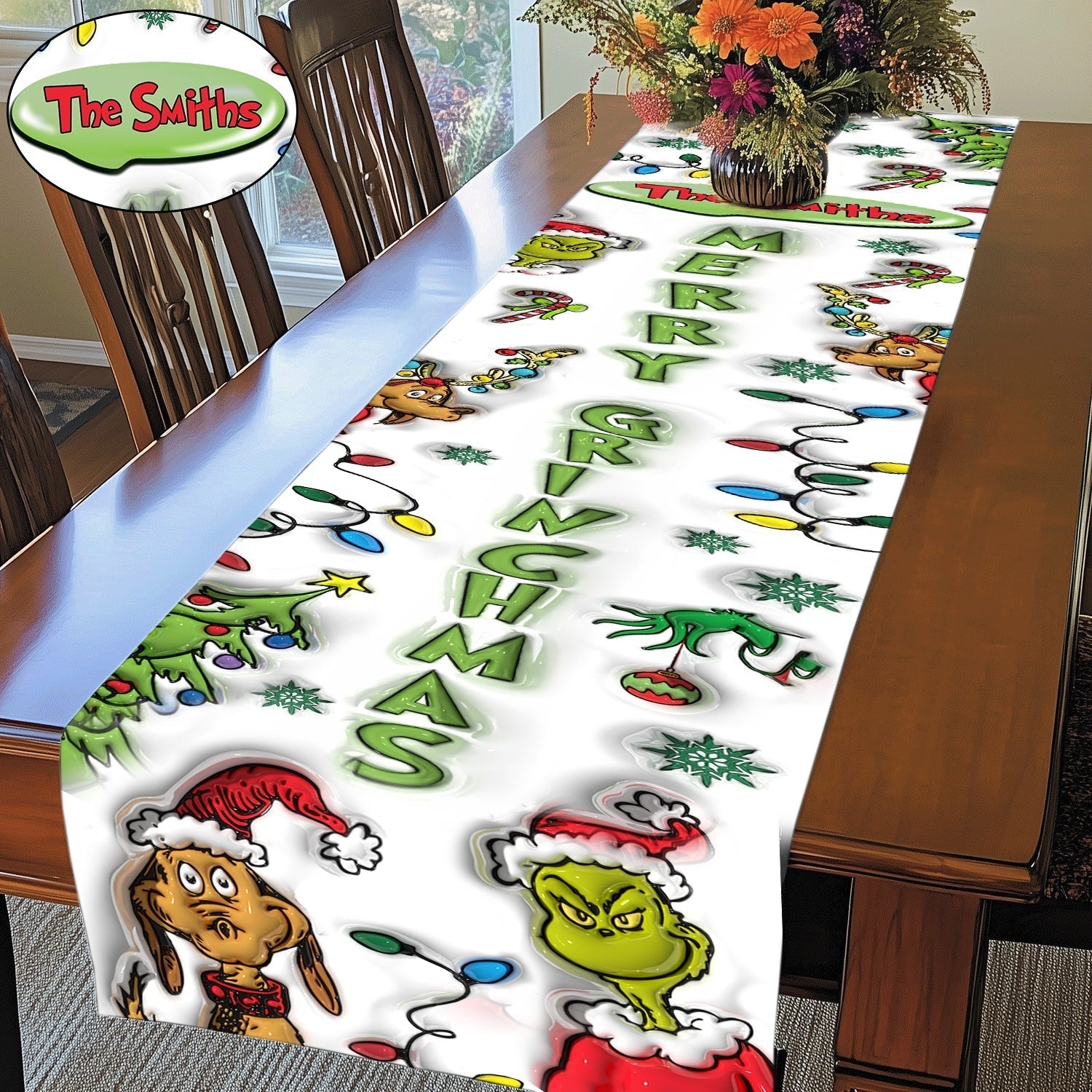 Personalized Merry Grinchmas Table Runner Holiday Decor Gift