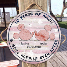Load image into Gallery viewer, Personalized Round Wood Sign Years of Magic Custom Names Gift for Wedding Anniversary
