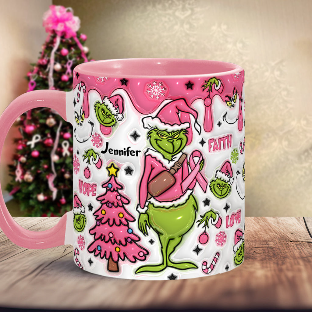 Personalized Breast Cancer Awareness Accent Mug with Grinch Design for Gift