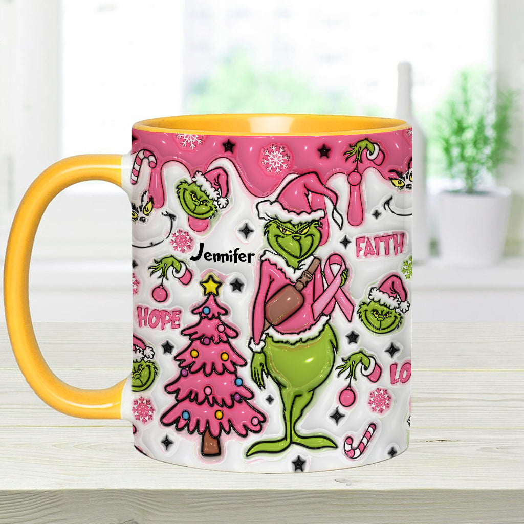 Personalized Breast Cancer Awareness Accent Mug with Grinch Design for Gift