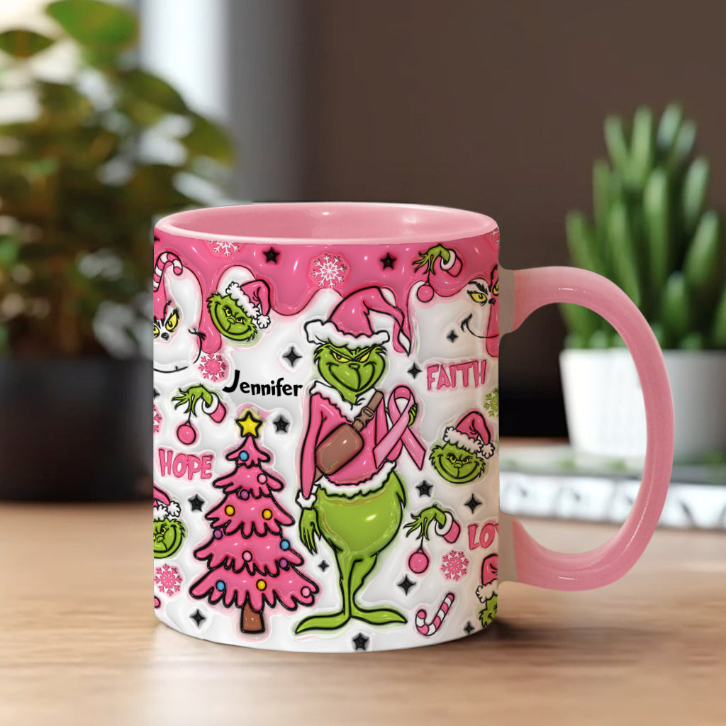 Personalized Breast Cancer Awareness Accent Mug with Grinch Design for Gift