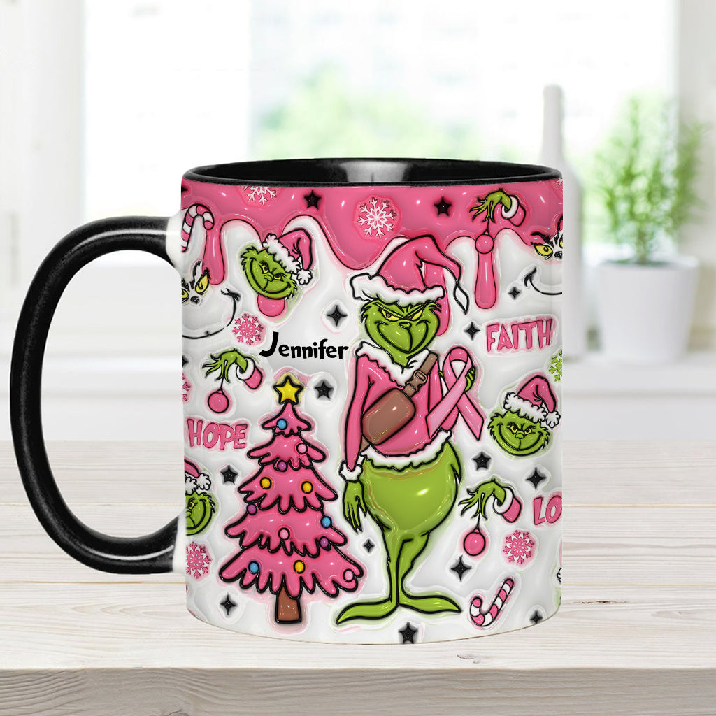 Personalized Breast Cancer Awareness Accent Mug with Grinch Design for Gift