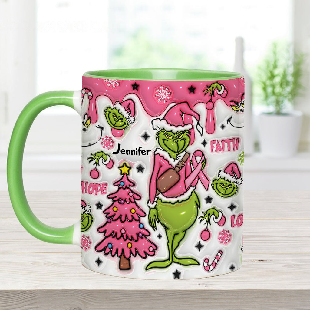 Personalized Breast Cancer Awareness Accent Mug with Grinch Design for Gift