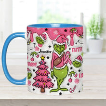 Load image into Gallery viewer, Personalized Breast Cancer Awareness Accent Mug with Grinch Design for Gift
