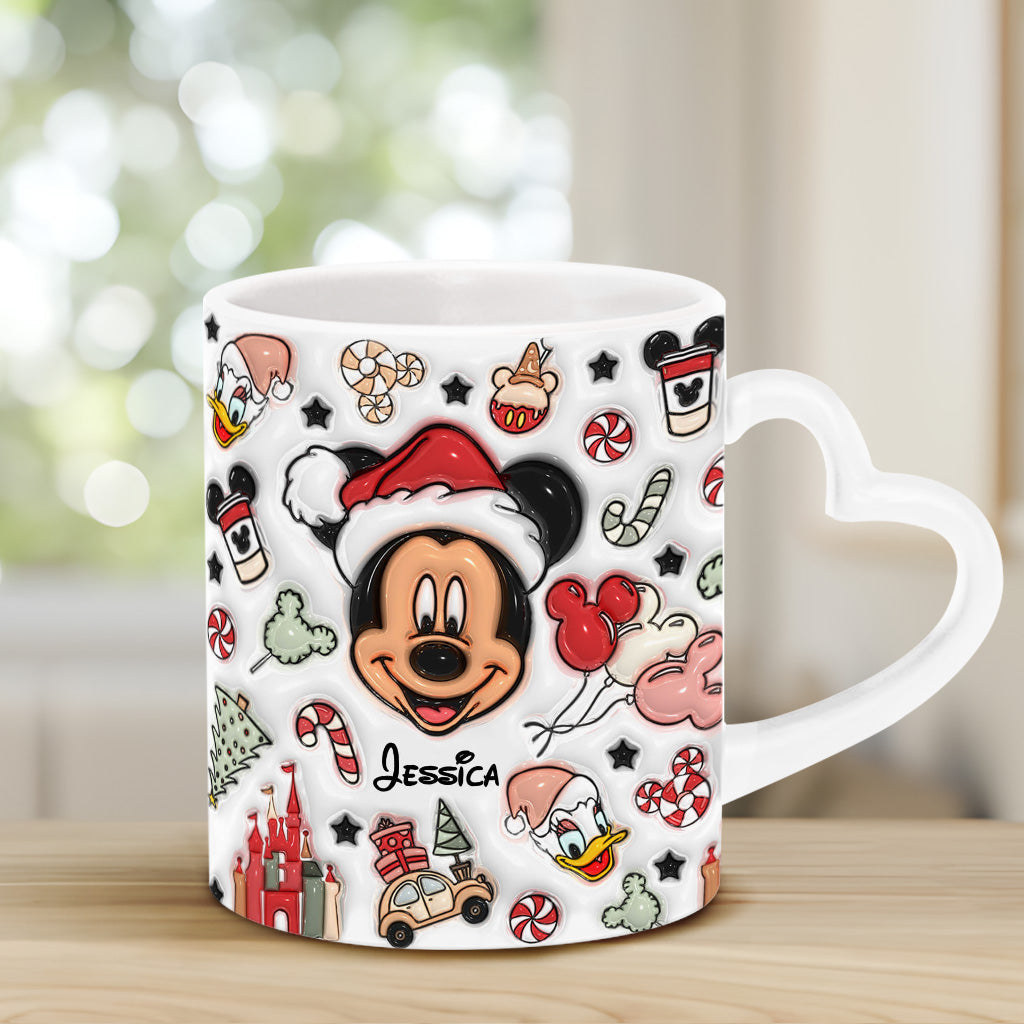 Personalized Christmas Heart Handle Mug with Mickey Mouse Design