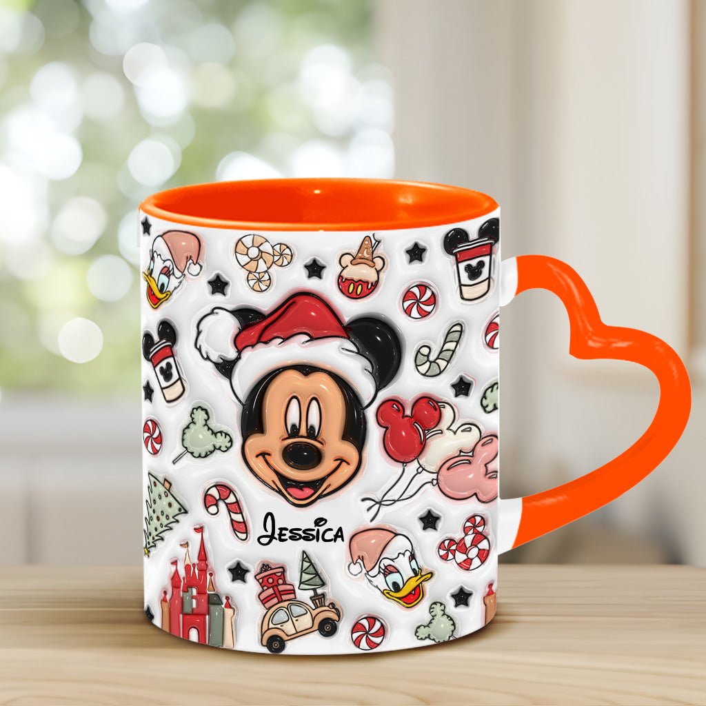Personalized Christmas Heart Handle Mug with Mickey Mouse Design