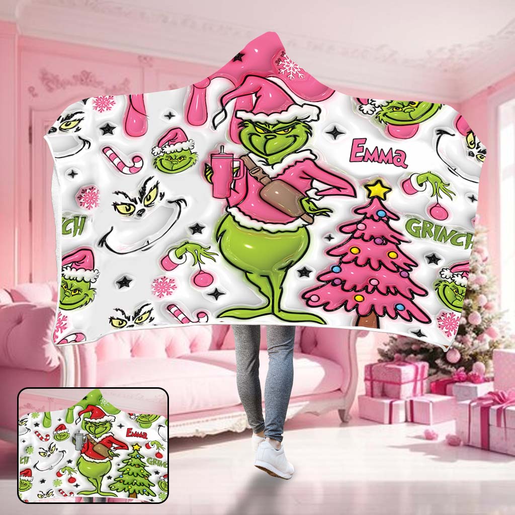 Personalized Grinch Christmas Hooded Blanket Gift for Kids
