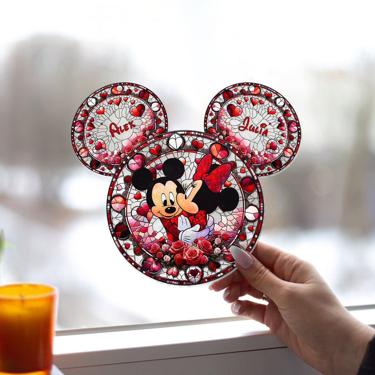 Personalized Mickey Mouse Couple Suncatcher Window Ornament Gift