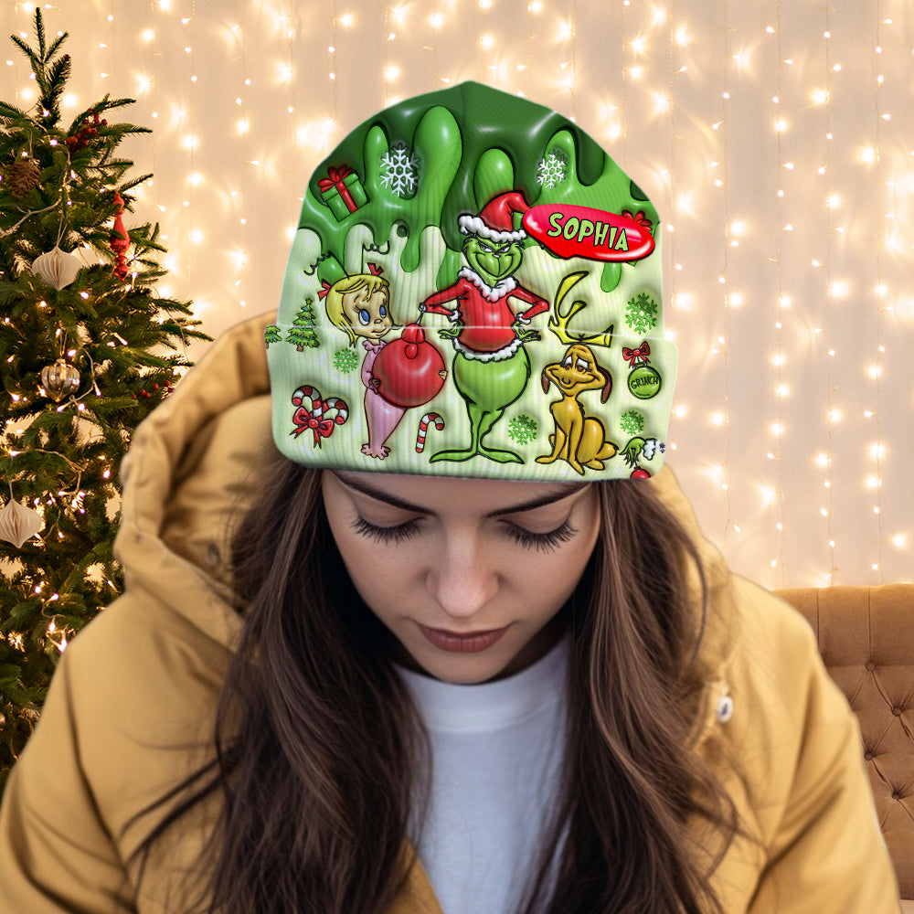 Personalized Christmas Beanie Hat with Grinch Design for Kids