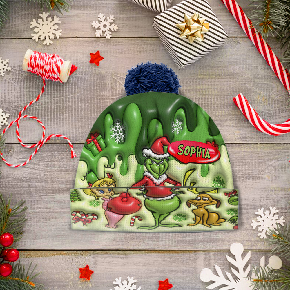 Personalized Christmas Beanie Hat with Grinch Design for Kids