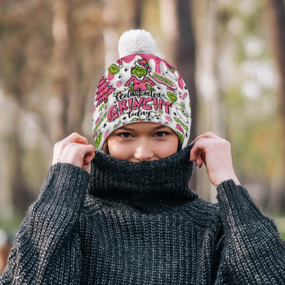 Personalized Christmas Beanie Hat with Grinch Design for Kids