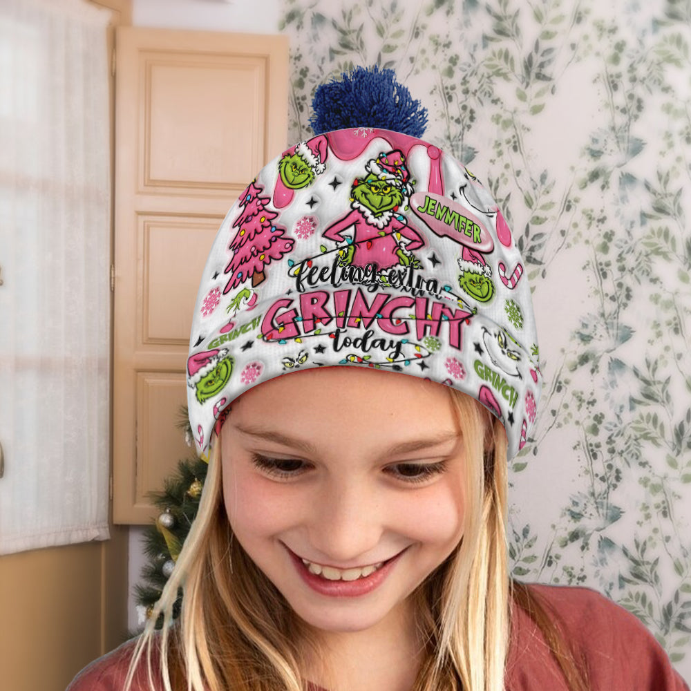 Personalized Christmas Beanie Hat with Grinch Design for Kids