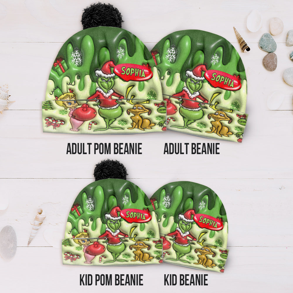 Personalized Christmas Beanie Hat with Grinch Design for Kids