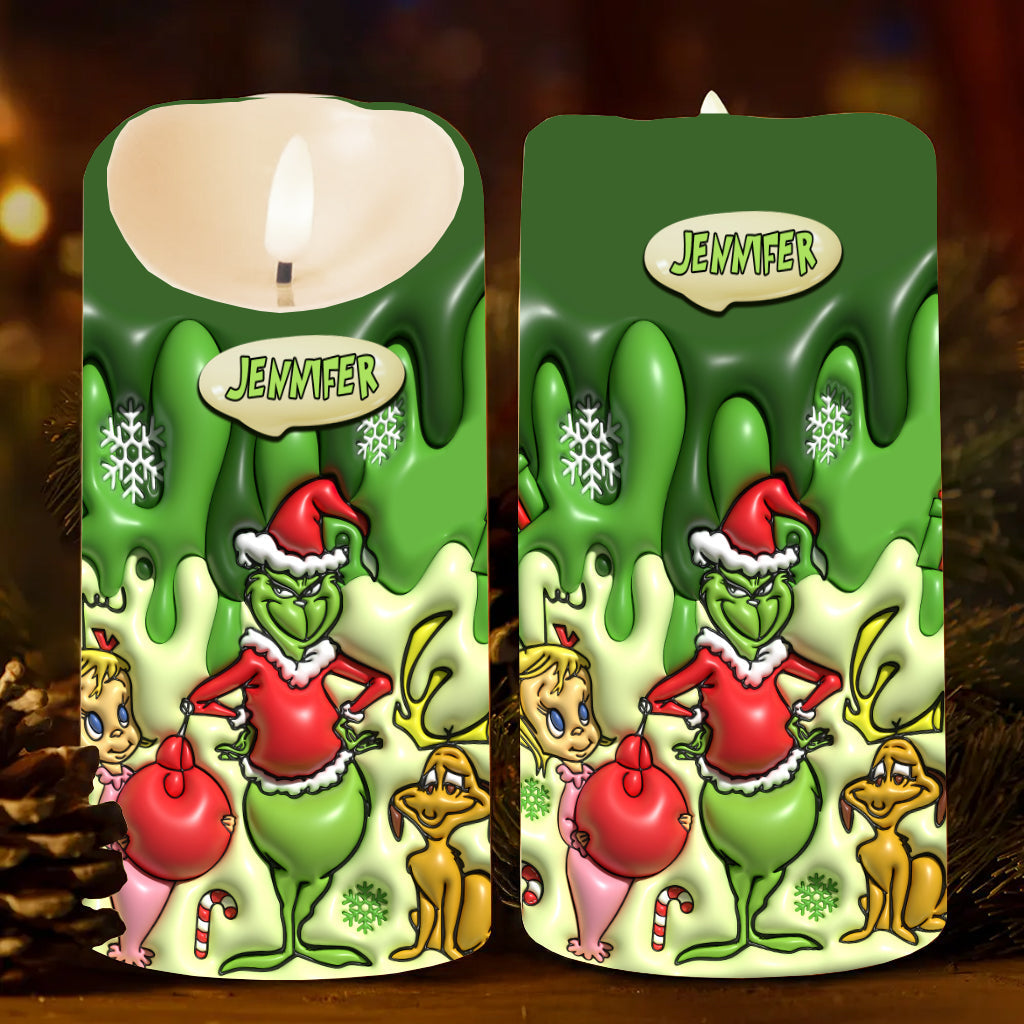 Personalized Grinch Flameless Candle Custom Name Christmas Gift