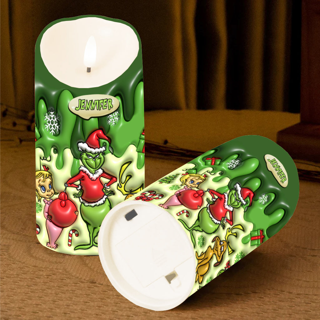 Personalized Grinch Flameless Candle Custom Name Christmas Gift