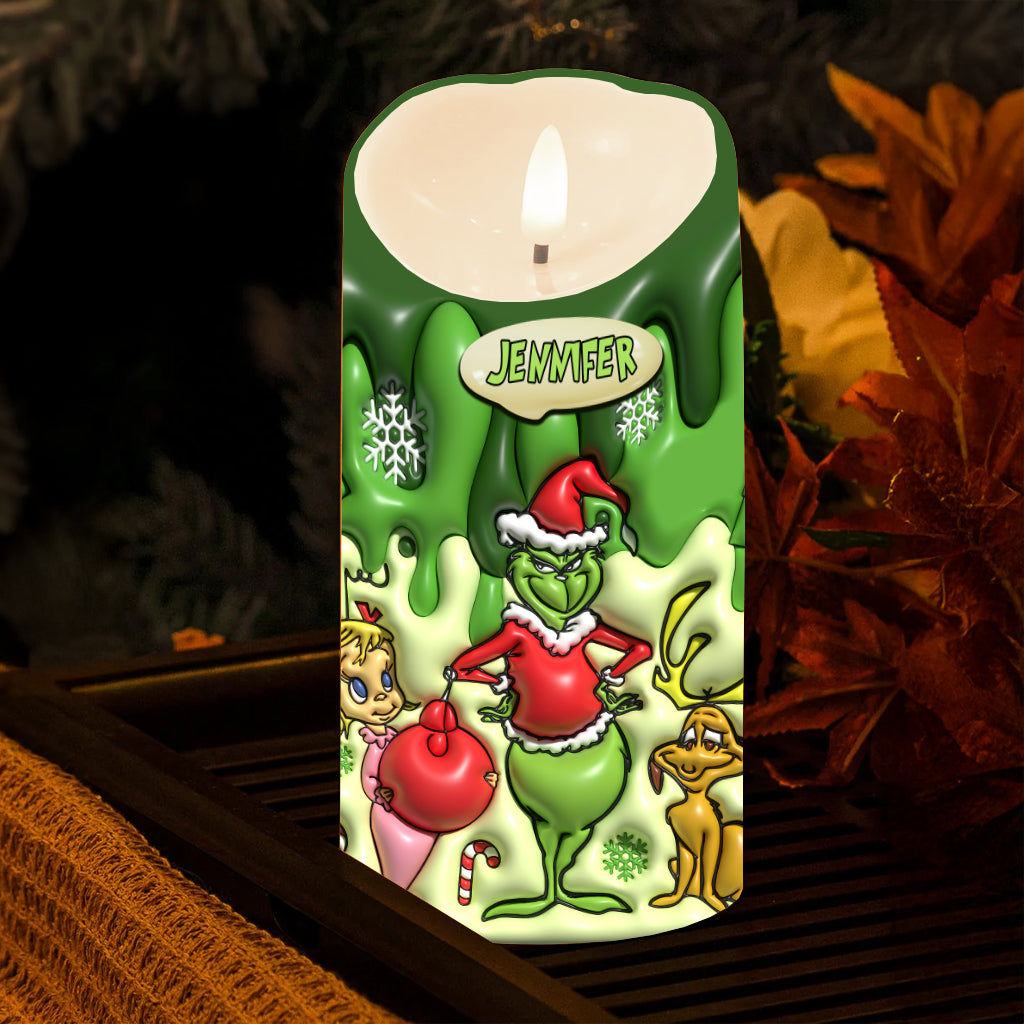 Personalized Grinch Flameless Candle Custom Name Christmas Gift