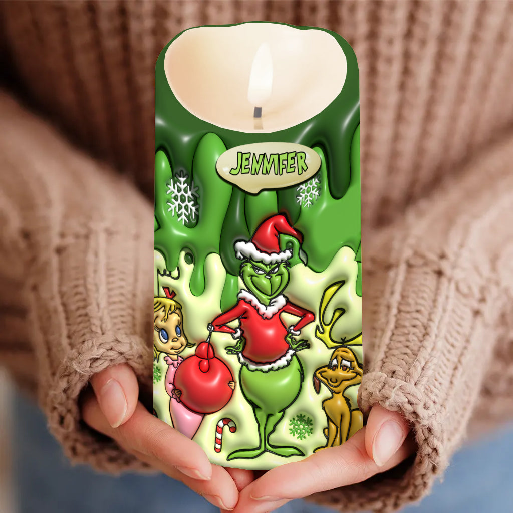 Personalized Grinch Flameless Candle Custom Name Christmas Gift