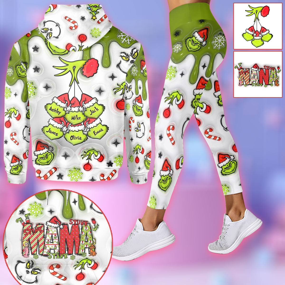 Personalized Mama Grinch Hoodie and Leggings Set for Mom | Christmas Gift