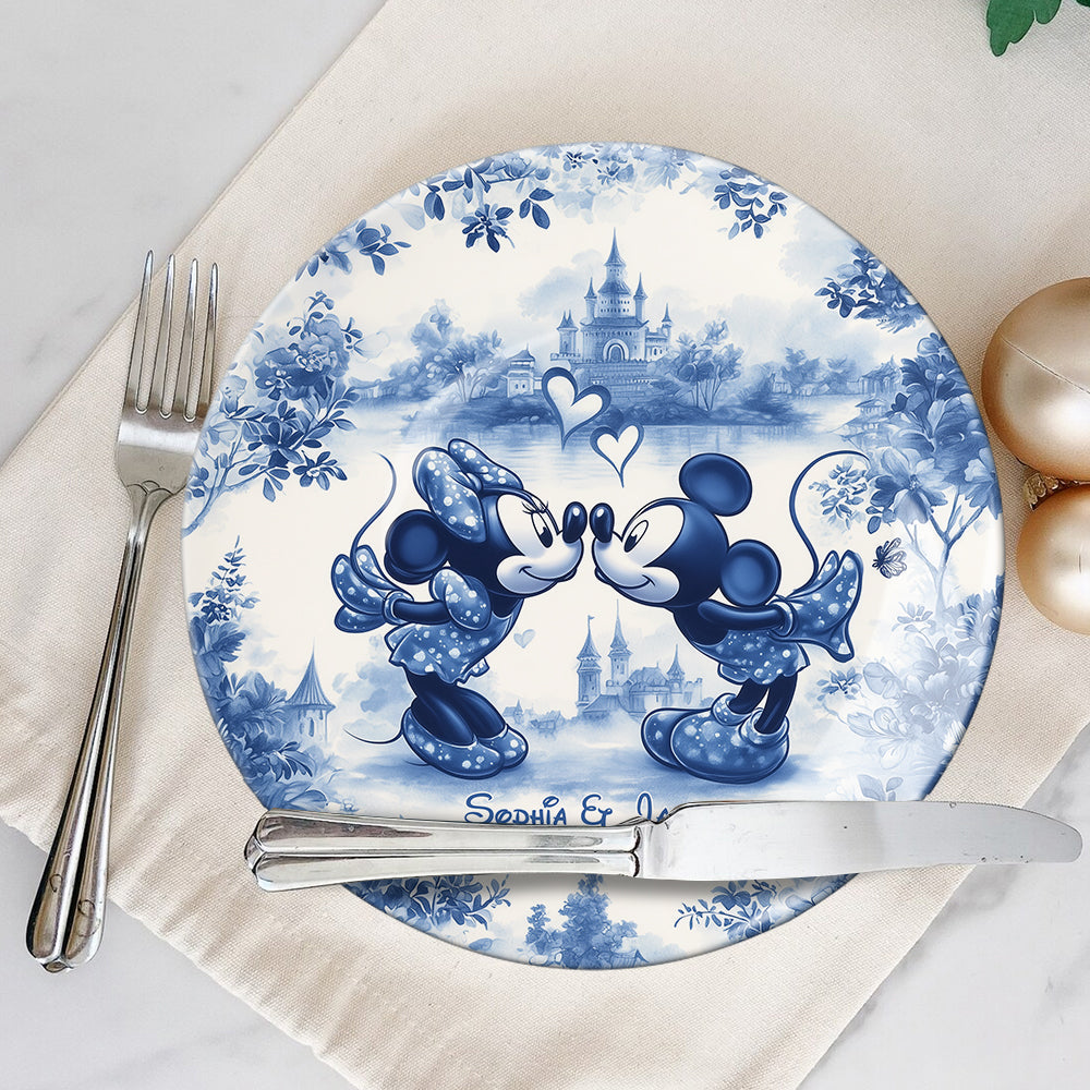 Personalized Blue & White Ceramic Round Plate for Couples