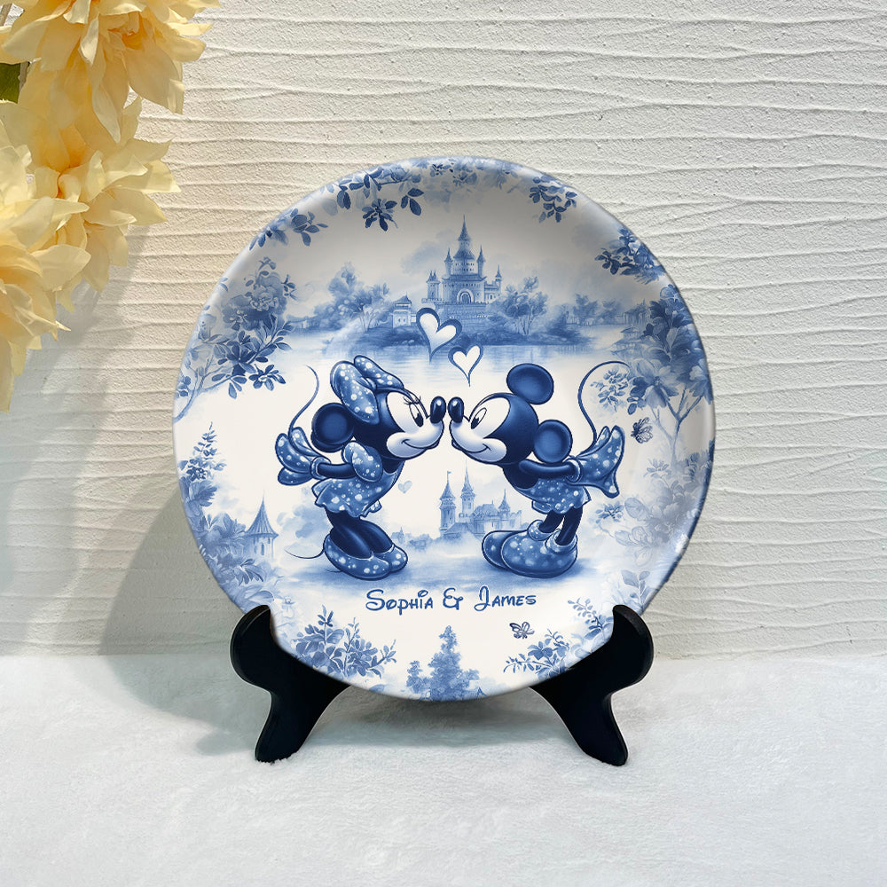 Personalized Blue & White Ceramic Round Plate for Couples
