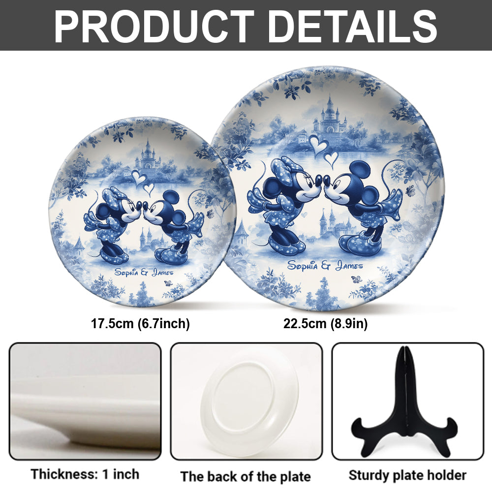 Personalized Blue & White Ceramic Round Plate for Couples