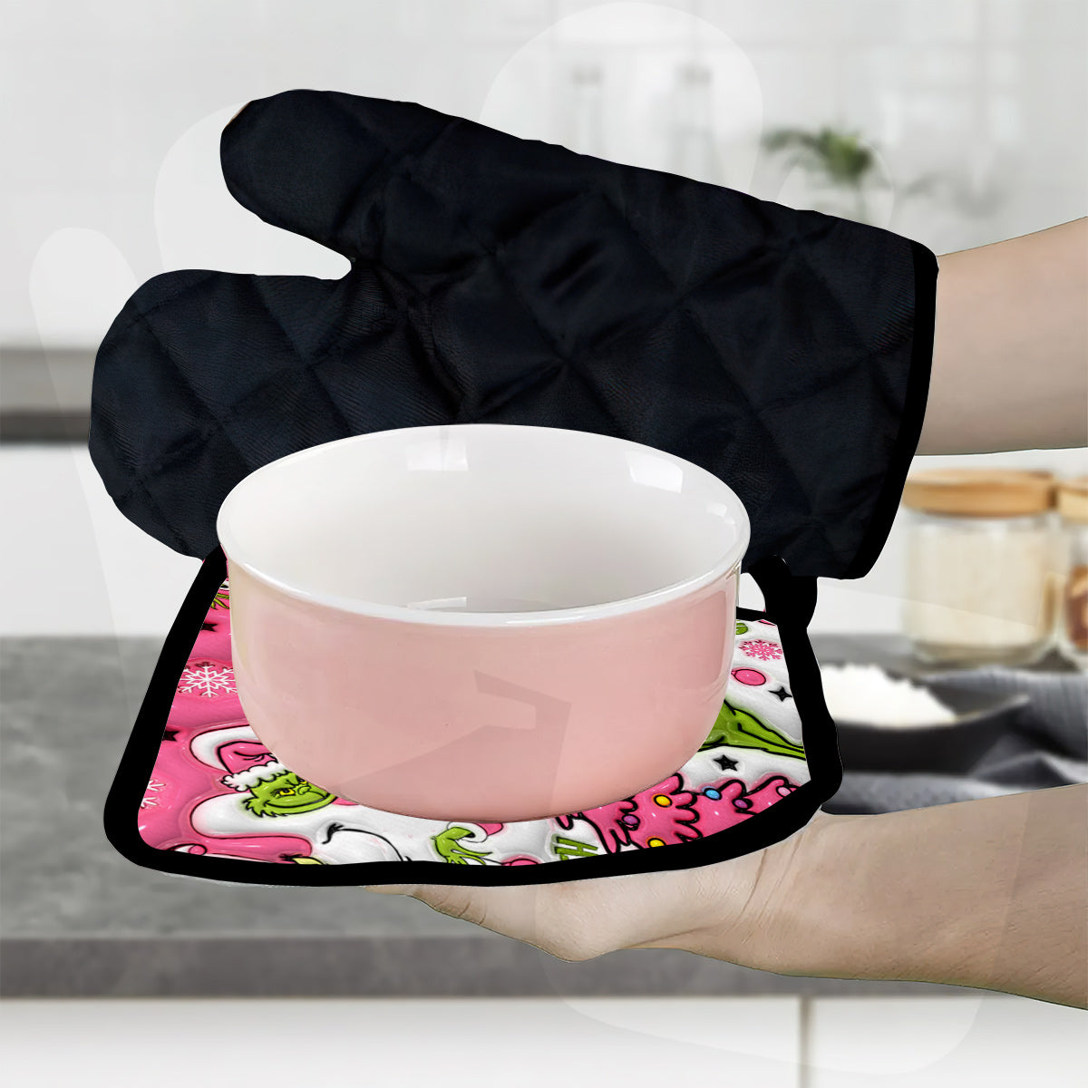 Personalized Merry Grinchmas Oven Mitts & Pot Holder Set for Christmas