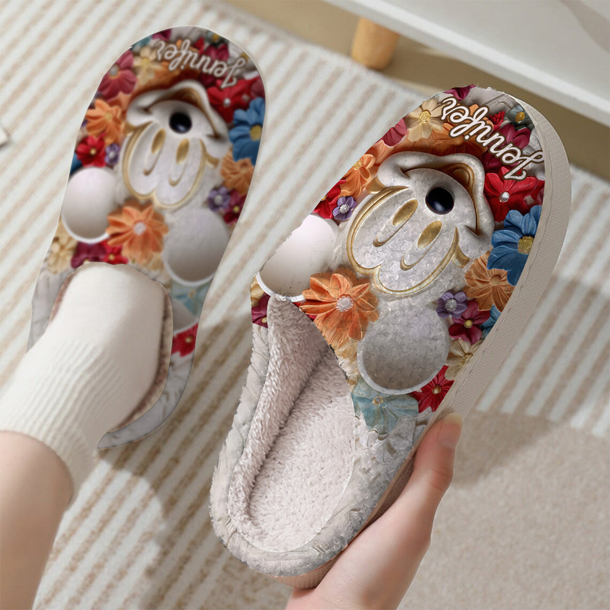 Personalized Mouse Slippers with Custom Name Floral Design Gift