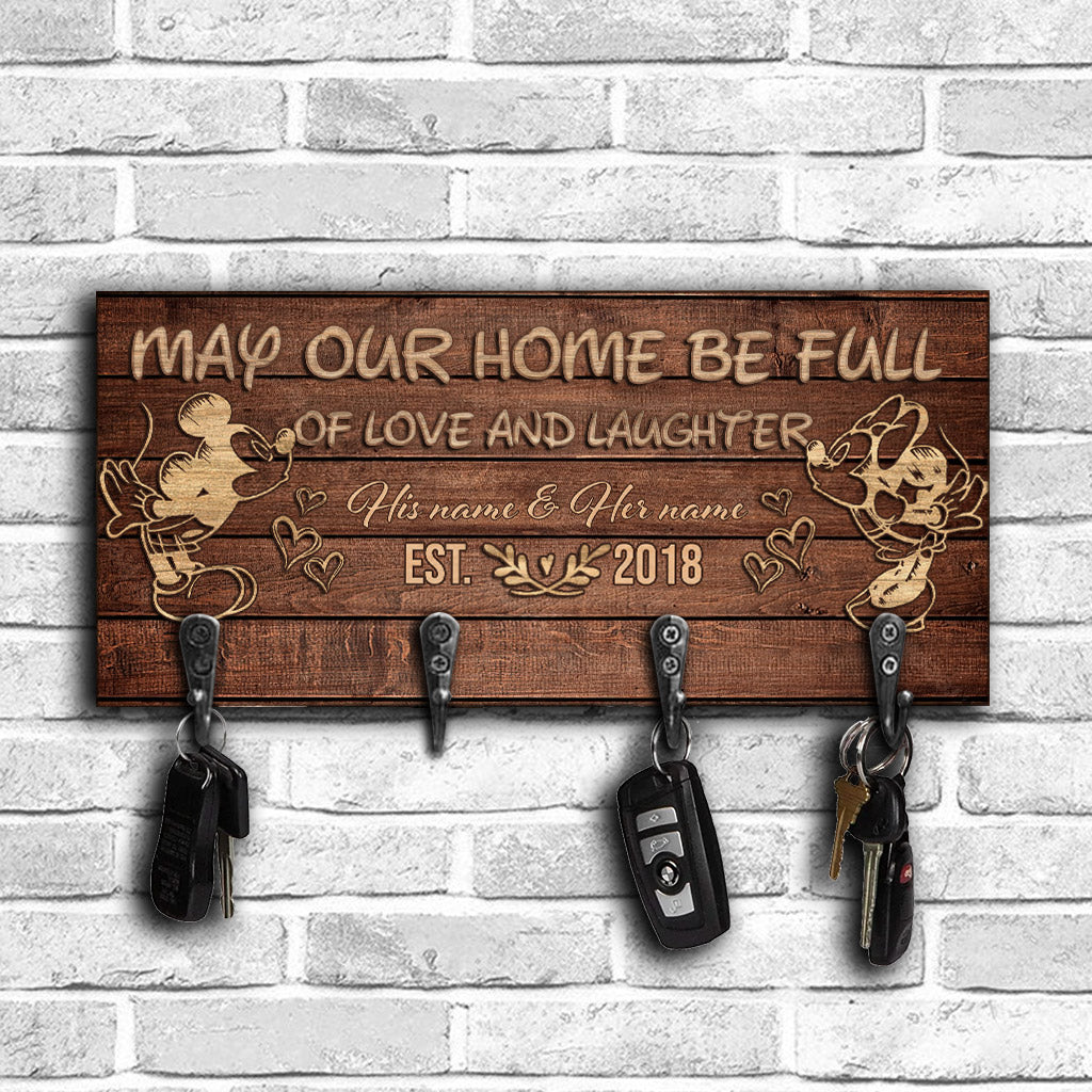 Personalized Love and Laughter Key Rack with Custom Names - Rustic Wooden Design
