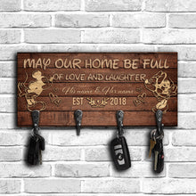 Load image into Gallery viewer, Personalized Love and Laughter Key Rack with Custom Names - Rustic Wooden Design
